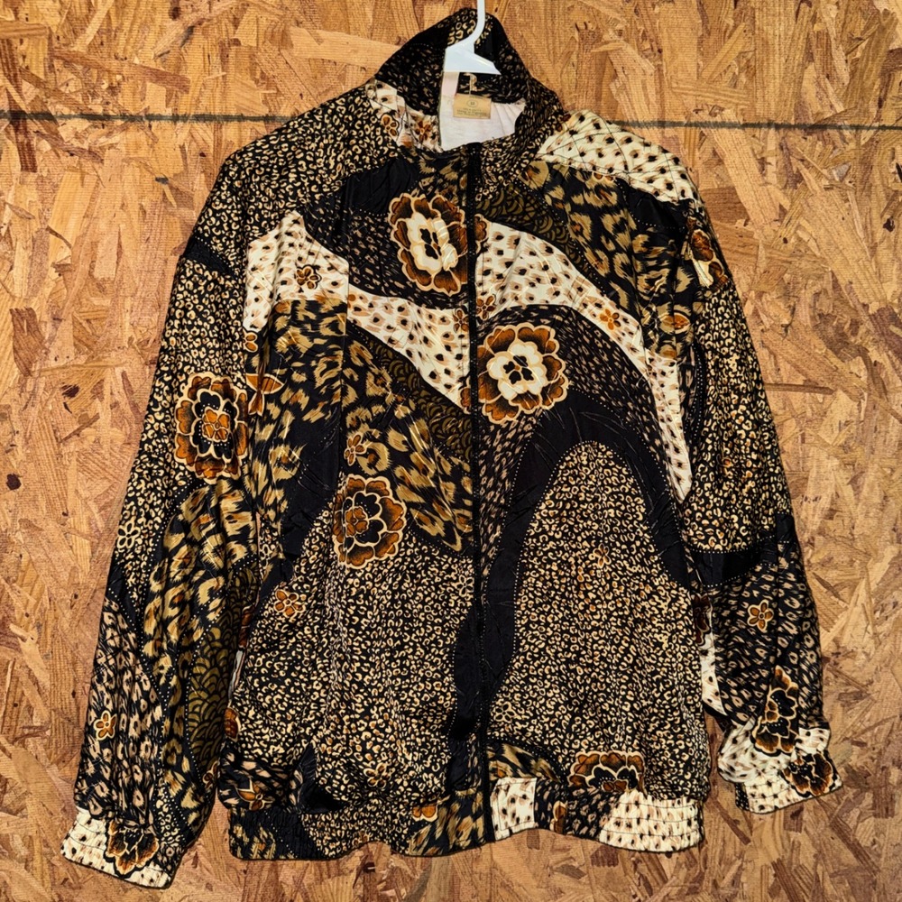 VTG‎ Kaktus Retro Windbreaker Track Jacket Funky Leopard Animal Print Floral M